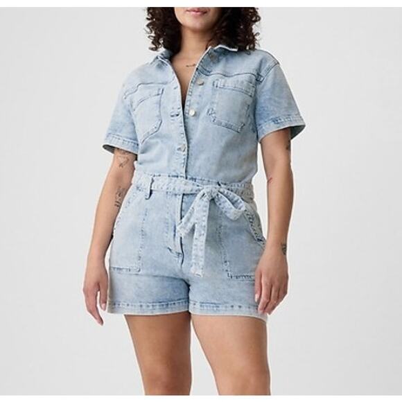 GAP Short Sleeve Tie Waist Denim Romper Light Indigo Wash Blue 20 - Picture 1 of 9